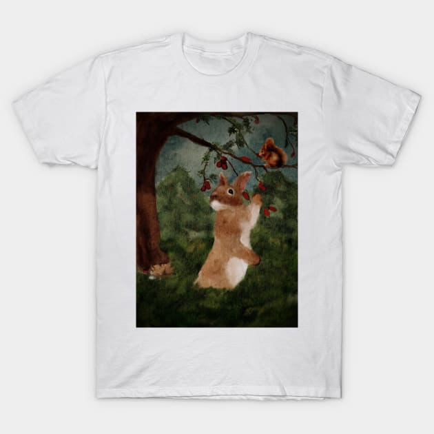 Forest Watercolor Baby Bunny, Red Squirrel and Sleeping Fox T-Shirt by penandbea